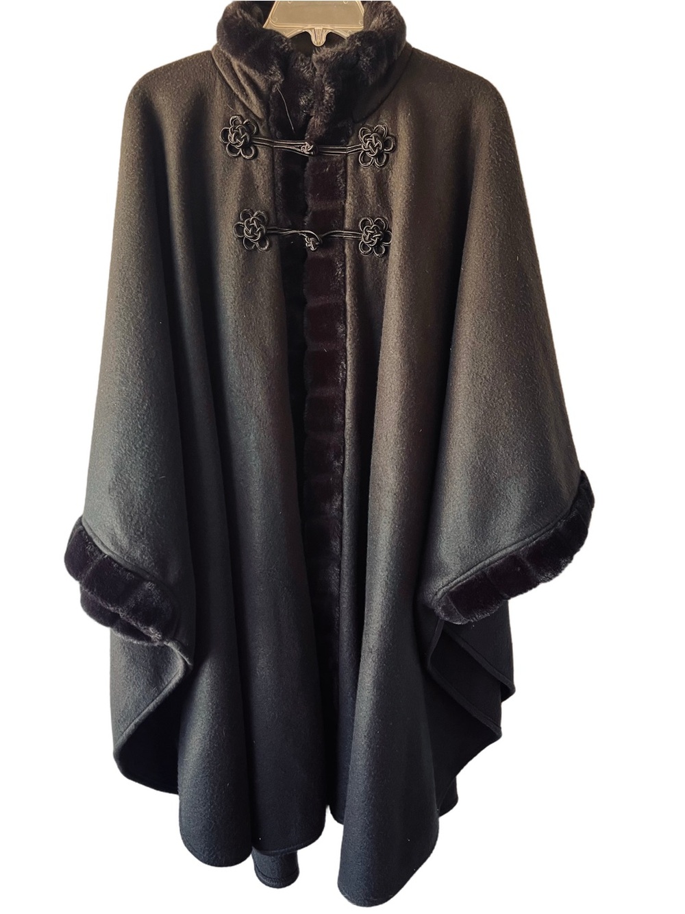 Lord & Taylor Black Faux-Fur Trim Cape Poncho One Size